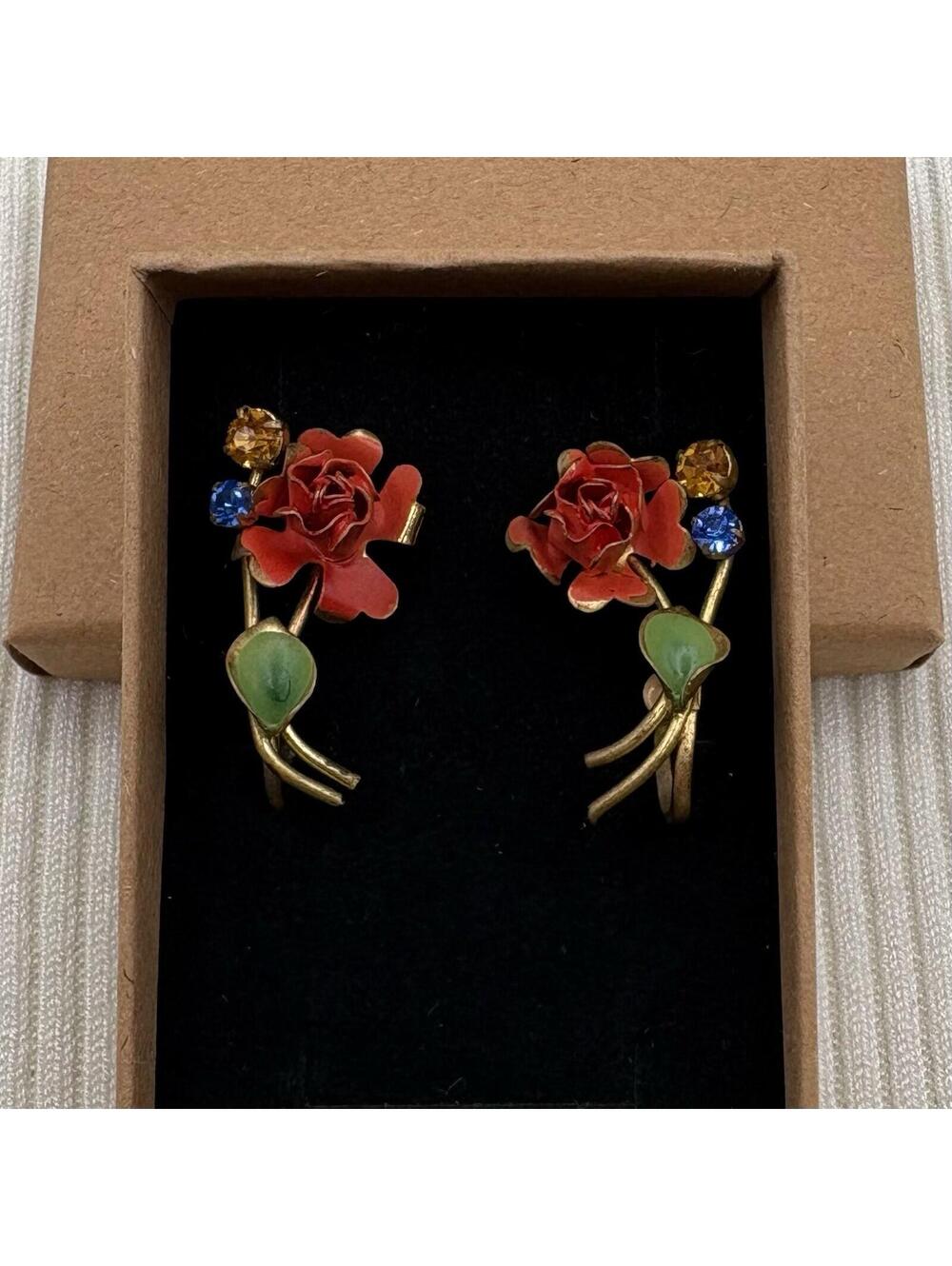 Vintage Austria Red Enamel Rose Rhinestone Screw Back Earrings Gold Tone Floral